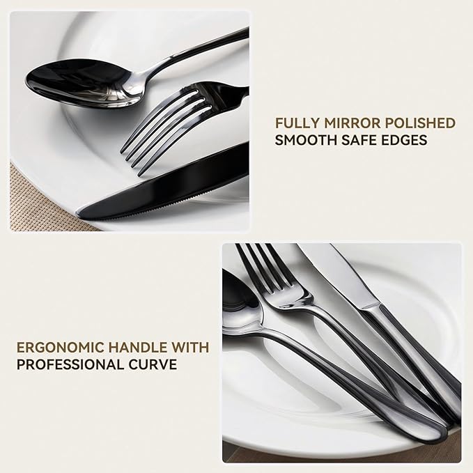 72 PCS NO-FADING Black Silverware Set with Steak Knives-Flatware for 12 | Titanium Black Finish, Rust Resistant, Food-Grade Stainless Steel Cutlery Utensils Set, Mirror Polished & Dishwasher Safe