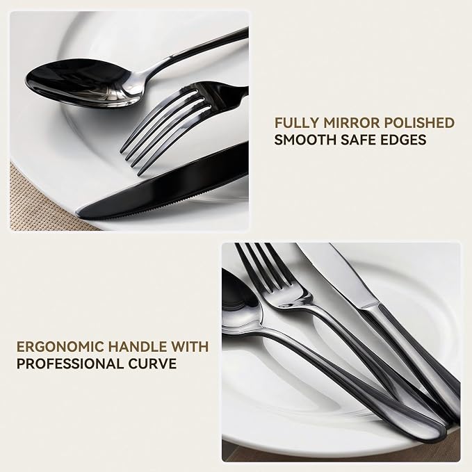 48 PCS NO-FADING Black Silverware Set with Steak Knives, Flatware for 8 | Titanium Black Finish, Rust Resistant, Food-Grade Stainless Steel Cutlery Utensils Set, Mirror Polished & Dishwasher Safe