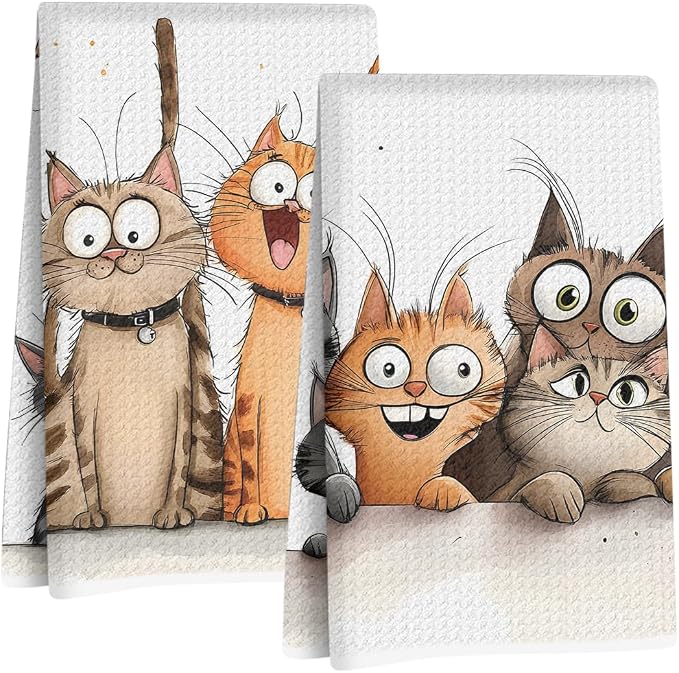 Jztco 2 Pcs Cute Cat Kitchen Towels, Cats Soft Absorbent Hand Tea Towel | Microfiber Dish Cloths for Drying Dishes, Waffle Dish Towels for Kitchen Bathroom Decor, Cat Lover Gifts for Women