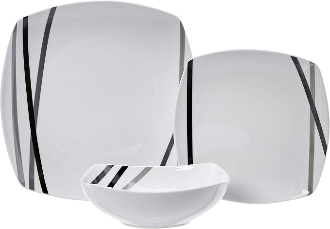 Amazon Basics Square Dinnerware Set for 6, Plates and Bowls for Kitchen, 18-Piece, Dishwasher and Microwave Safe, Modern Beams