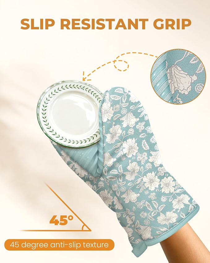 100% Thick Cotton Mini Oven Mitts Silicone Grip Chic Blue Floral | Elegant Classic Oven Mitts for Women, Machine Washable, Non-Slip, Reversible Design Fits Both Hands, Stylish Kitchen Decor