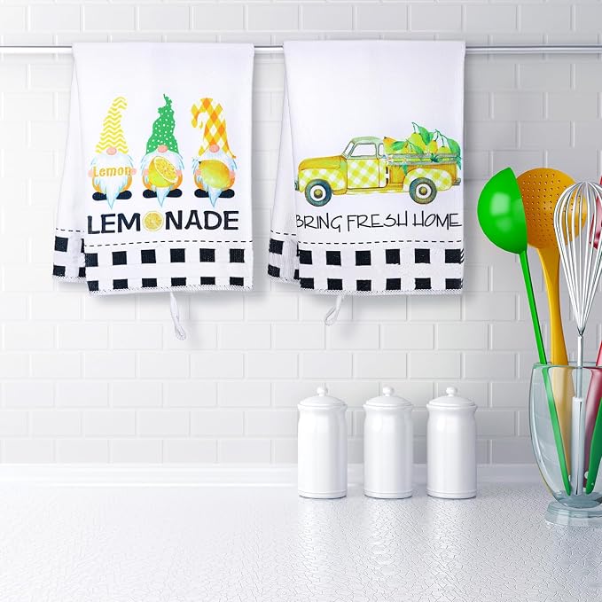 4 Pcs Lemon Kitchen Towels, Absorbent Quick Dry Tea Towels Gifts | Lemonade Gnome Black White Striped Decorative Dishcloths with Hanging Loop, Farmhouse Summer Kitchen Decor Housewarming Gift