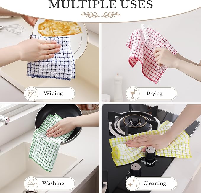 Homaxy 12 Pack Terry Kitchen Dish Cloths, 12"x12", Blue/Yellow/Red/Green | Super Soft and Absorbent Dish Rags, Quick Drying Reusable Dish Towels for Washing Dishes