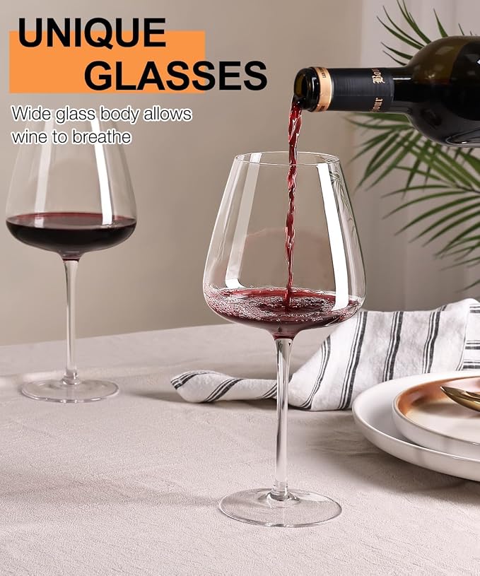 OJA Wine Glasses Set, Crystal Hand Blown Red Wine Glass Set of 2, 23 oz | Long Stem, Unique Large Design, Best for Wine tasting, Birthday, Christmas, Anniversary