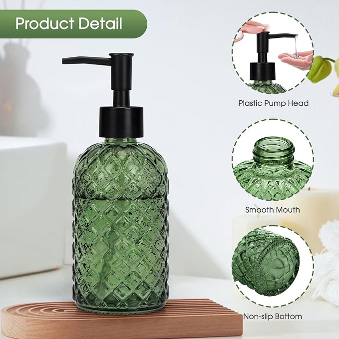 Topsky Gem Glass Soap Dispenser with Black Plastic Pump, 13oz Liquid Hand Soap Dispenser, Rustproof Pump for Kitchen & Bathroom, Great for Lotions, Essential Oil, Liquid Soaps-Army Green