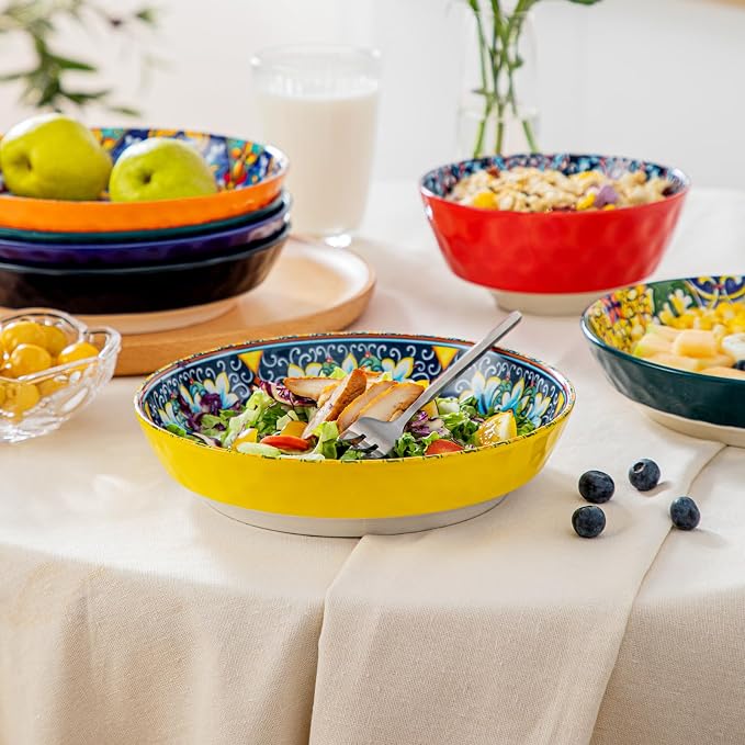 vancasso 32 Oz Pasta Bowls Set of 6, Ceramic Bohemian Soup Salad Bowls | Dishwasher and Microwave Safe Ceramic, Large 11.5 Inch Colorful Glazed Finish, Versatile Serving Bowls for Cereal and Dining