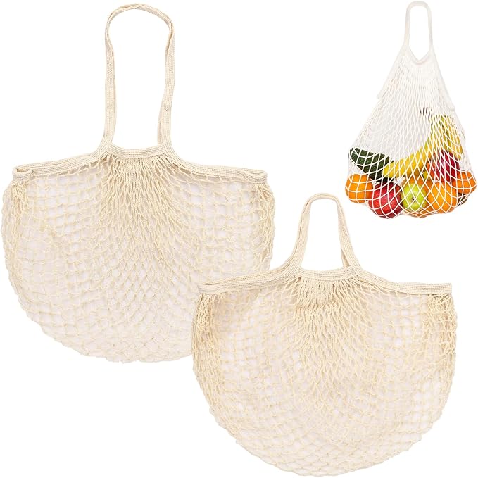 M METERXITY 2-Pack Cotton Mesh Bag, Reusable Washable Mesh Net String Grocery Bags, Reusable Produce Bags with Handle, Net Tote Bag for Fruits/Vegetables Shopping [Cream, Long&Short Handle]