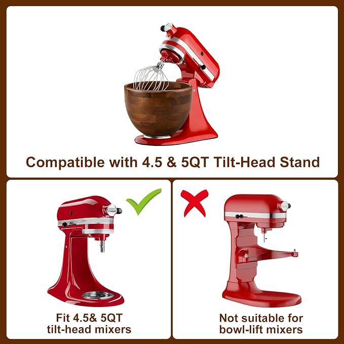 Wood Mixing Bowl Suitable for 4.5-5 QT Tilt-Head Stand Mixers - Natural Wooden Kitchen Accessory - Fits K45 KSM150 Series Natural Wood Mixing Bowl with Steel Locking Base