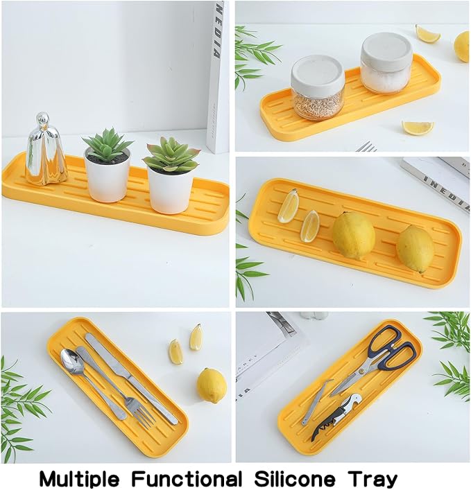 MicoYang Silicone Kitchen Sink Organizer Tray for Multiple Usage,Easy Clean,Eco-Friendly Sponges Holder for Kitchen Bathroom Counter or Sink,Dish Soap Dispenser,Scrubber,Bottle,Cup Yellow 12" x 4”