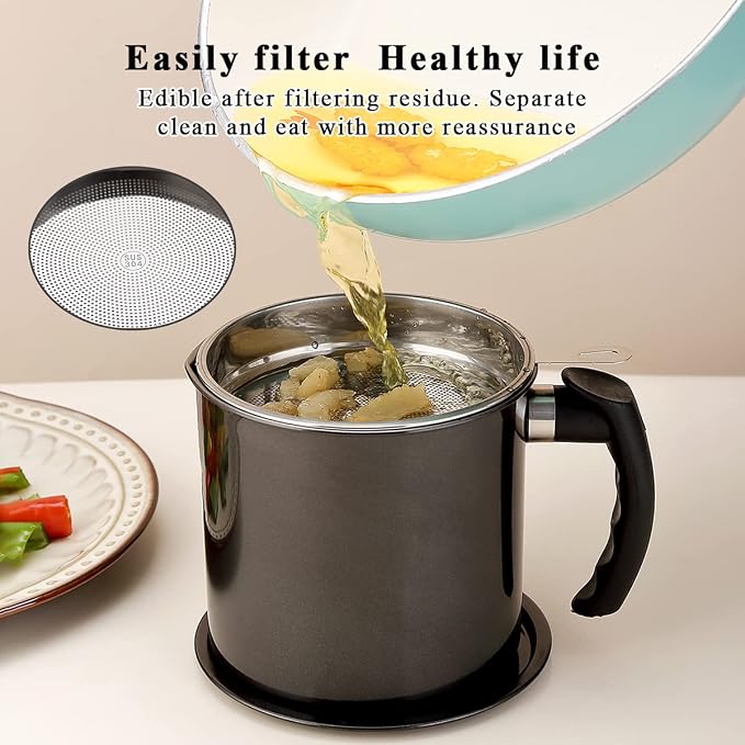 Kyraton Black Bacon Grease Container With Strainer, 48 oz Black Coating Stainless Steel Oil Container, Pot Fat Storage With Lid, Easy Grip Handle Suitable For Storing Frying Oil And Cooking Grease