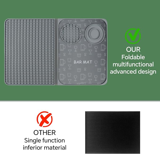 Bar Mat, Bar Accessories, Multifunctional Folding Cocktail Mat with Cutting Board, 18" X 12"(Gray) Drying Mats,Bar Mat for Countertops,Bar Decorations for Home , Outdoor Bar Accessories ,Travel