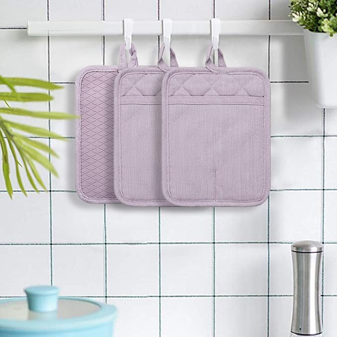 Pot Holders Yarn-Dyed Set of 3 Non Slip Silicone Kitchen Lines | Heat Resistant 500℉ Kitchen Gloves BBQ Baking Women Men Cooking Barbecue Microwave Machine Washable (Purple Potholders)