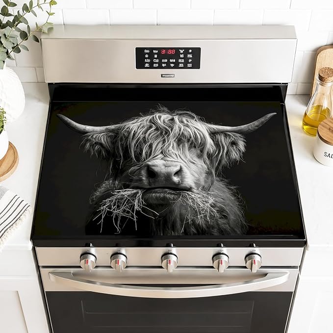 Highland Cow Stove Top Cover, Black and White Farmhouse Style, 28x20 Inch | Highland Cow Face Graphic on Black, Non-Slip Washable Cooktop Protector Mat for Glass & Electric Stoves