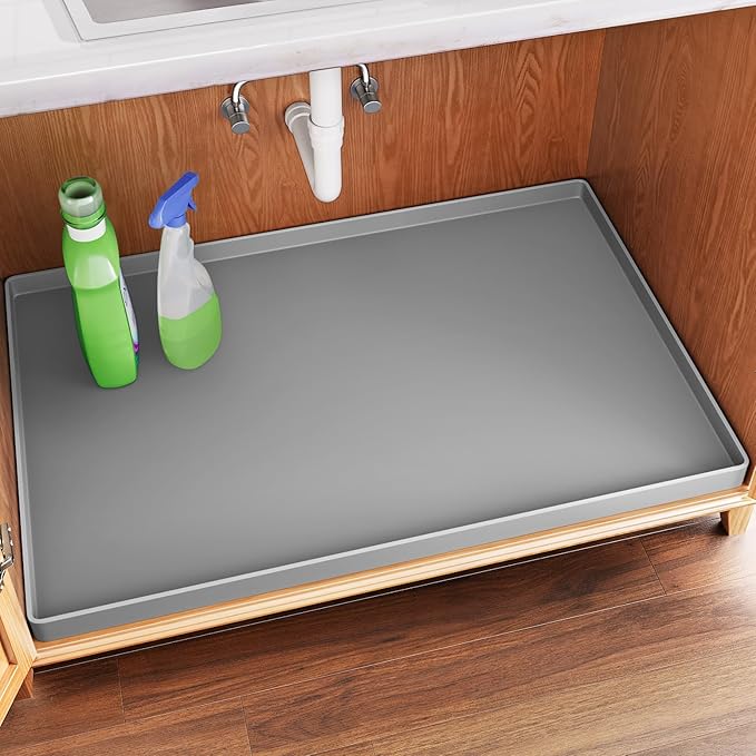 FLATO Waterproof Under Sink Mat, 37" x 19", Light Gray | Shelf Liner for Kitchen and Bathroom, Cabinet Protector, Organizers and Storage, Flexible Silicone Drip Tray