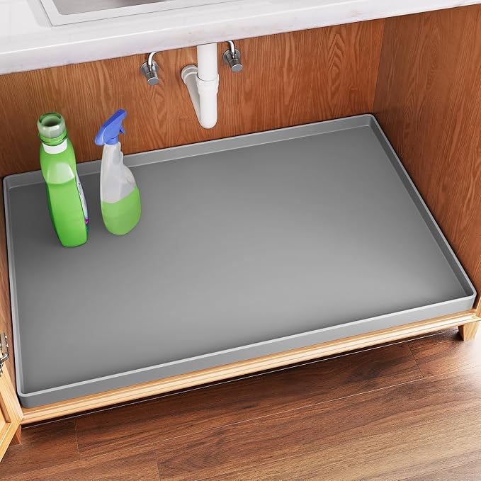 FLATO Waterproof Under Sink Mat, 22" x 22", Light Gray | Shelf Liner for Kitchen and Bathroom, Cabinet Protector, Organizers and Storage, Flexible Silicone Drip Tray
