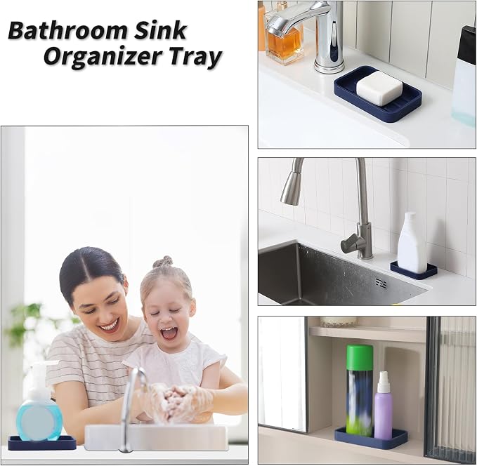 MicoYang Silicone Kitchen Sink Organizer Tray for Multiple Usage,Easy Clean Sponges Holder for Kitchen Bathroom Counter or Sink,Dish Soap Dispenser,Scrubber,Bottle,Cup Navy Blue 4.9”x 3.2”