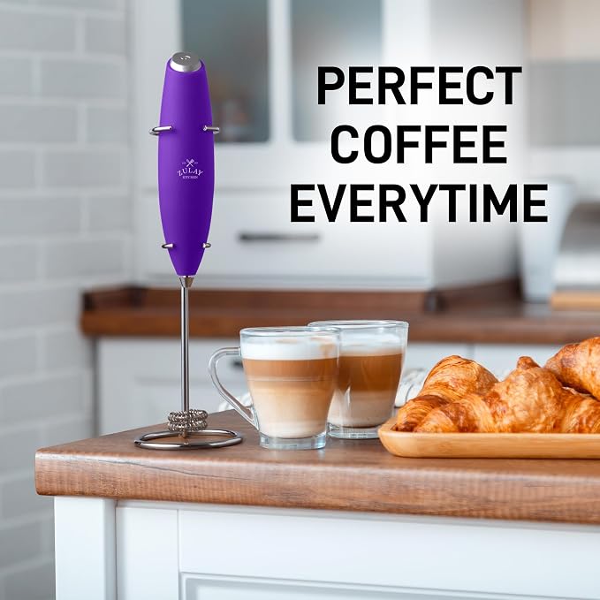 Zulay Kitchen Powerful Milk Frother Wand With Duracell Batteries - Ultra Fast Handheld Drink Mixer - Electric Whisk Foam Maker for Coffee, Lattes, Cappuccino & Matcha - Double Whisk - Purple