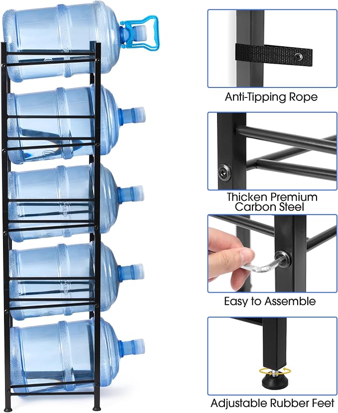 Klvied 5-Tier 5 Gallon Jug Rack, Heavy Duty | For 5 gal cooler jugs, kitchen/office/living room, floor standing, holds 5 bottles