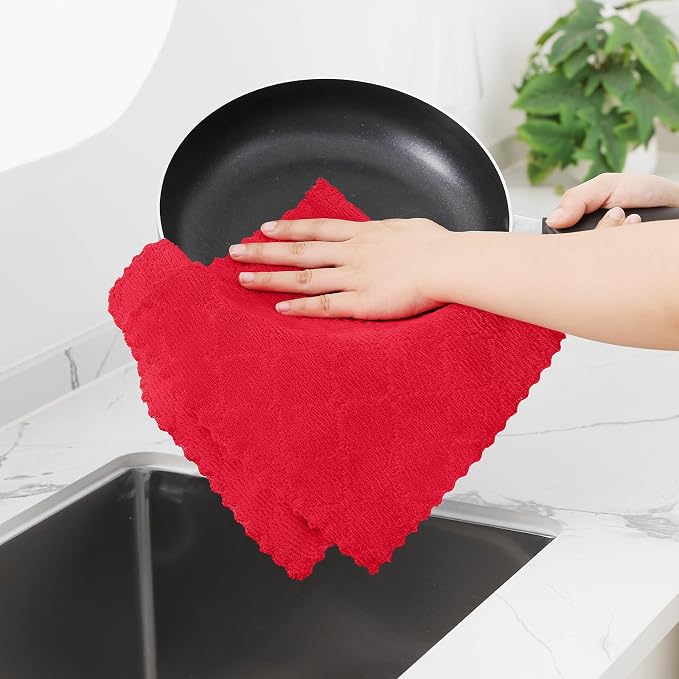 Homaxy 12 Pack Super Soft Absorbent Dish Towels, 10" x 20", Red | Coral Velvet, Nonstick Oil Fast Drying Microfiber Cleaning Cloth, No Lint Dishcloths for washing and drying