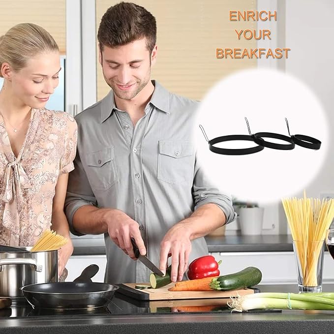 4 Inch Stainless Steel Egg Ring, 6 Inch Non Stick Pancake Ring, 8 Inch Omelet Ring, 3 Pack Egg Poacher Fried Round Egg Cooker Maker Mold for English Muffins with Oil Brush and Egg Separator