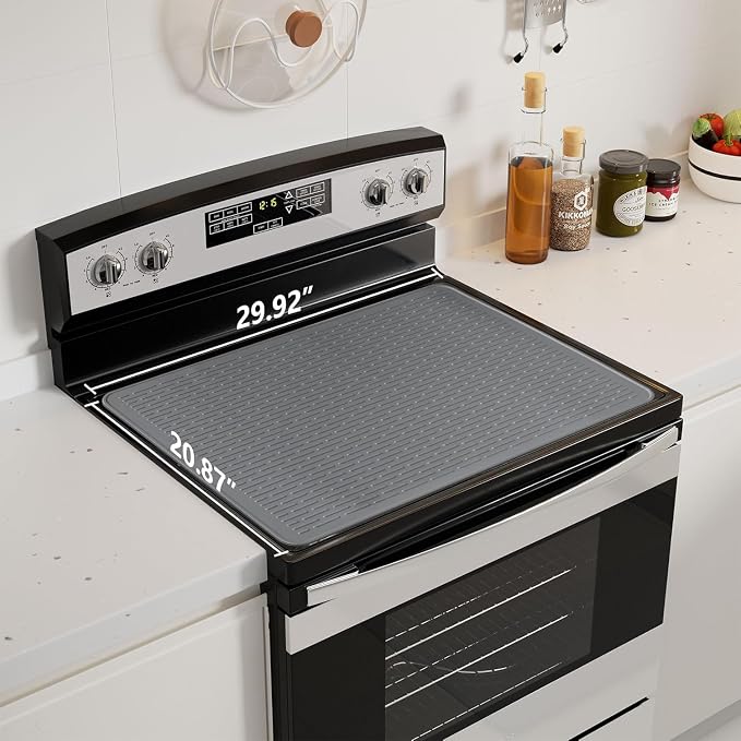Stove Top Cover for Electric Stove - Food Grade Ceramic Stove top Cover, Silicone XXL Dish Drying Mat, Glass Cooktop Covers, Flat RV Range top Mats (Gray Thickened,30x21)
