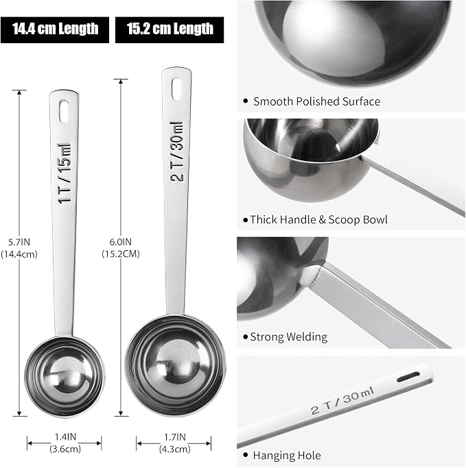 Doosu Metal 4.3in Long Handle Coffee Scoop for Ground Coffee (1 & 2 Tbsp) | Food-Grade 18/8 Stainless Steel Measuring Spoon, Tablespoon Scooper for Coffee Beans, Espresso, Protein Powders, Tea, Sugar