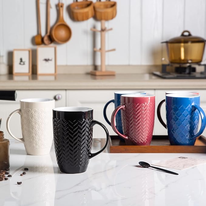 AmorArc 20 oz Large Coffee Mugs Set of 6, Blue Ceramic Tall Coffee Cups | 3 Assorted Designs, Embossed Ceramic Coffee Mugs with Large Handle for Coffee/Tea/Cappuccino, Dishwasher&Microwave Safe