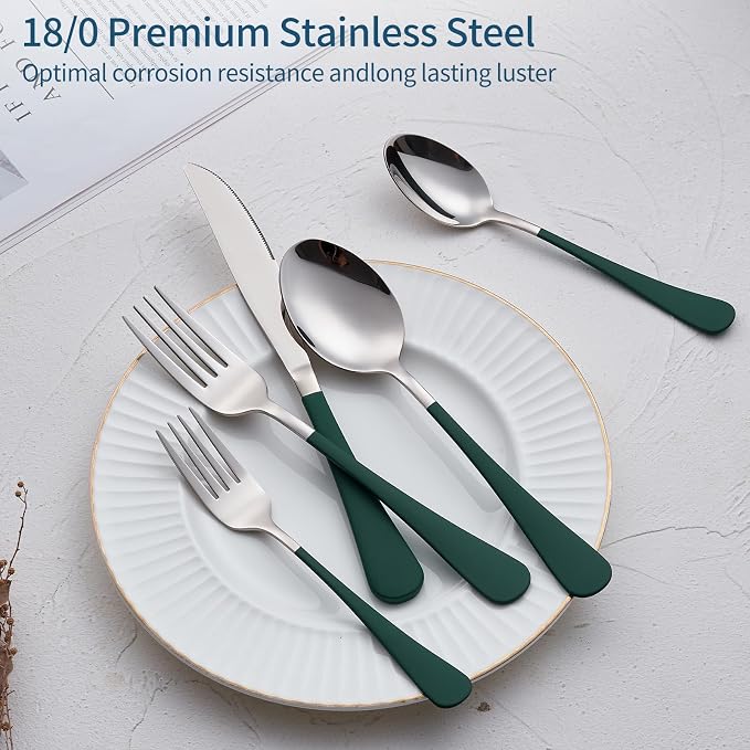 20-Piece Green Silverware Set 18/0 Stainless Steel Flatware Green Handle Cutlery Set Service for 4 Dinner Knives Forks Spoons Set Mirror Finish Dishwasher Safe