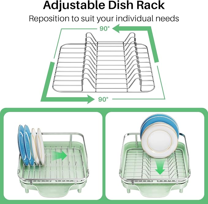 SNTD Expandable Dish Drying Rack for Kitchen Counter, 15.2-22.1 in, Green | Rust-Resistant Stainless Steel, Protective Side Rails, Self-Draining Drainboard, Removable Utensil Holder