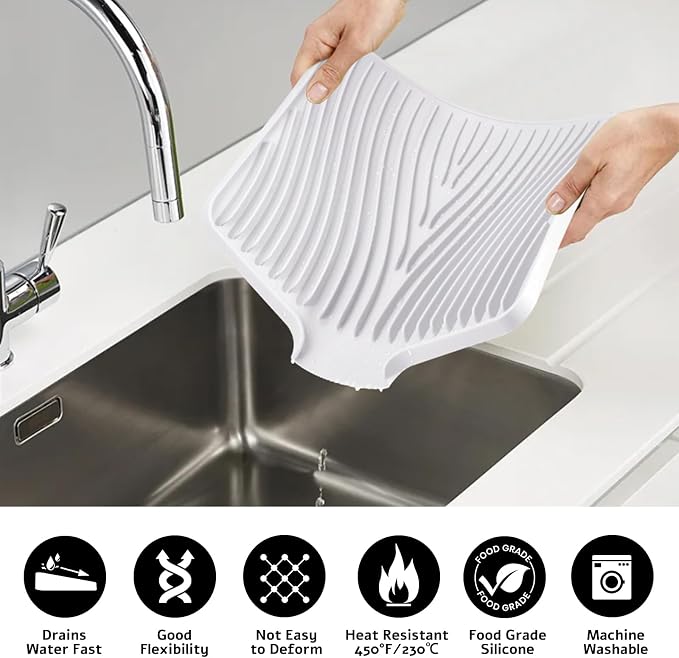 TIKNIK Silicone Dish Drying Mat for Kitchen Counter, White-2pcs, 16" x 12" | Heat Resistant & Non-Slip Dish Drain Pad with Built-In Drain, Dishwasher Safe, Quick-Dry, Hangable & Roll-Up for Storage