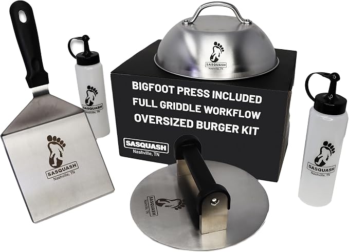 Sasquash Burger Press Kit, Smash Burger Set, Stainless Steel, 5 Piece | Includes Melting Dome, Turner, And Two Squirt Bottles, Complete Griddle And Grill Cooking Bundle Package, Cookout Gatherings