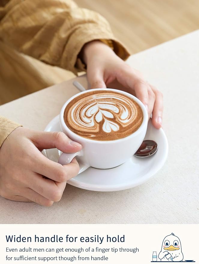 LE TAUCI 6 oz Cappuccino Cups with Saucers, Set of 4 Ceramic Coffee Cup and Saucer Set for Latte, Au Lait, Flat White, Mocha, Tea, Embossed Coffee Cups, White