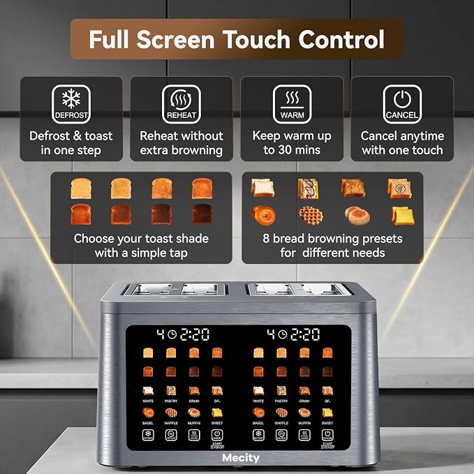 Mecity 4 Slice Toaster Wide Slot, Auto Lift Keep Warm Smart Toaster with Touch Screen, Dual Control Panel, Defrost, Auto Shut Off Digital Toasters for Bagel Muffin Waffle Gluten Free Breads1700W 120V