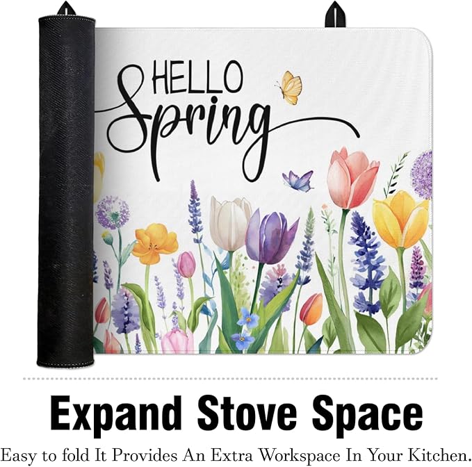 Spring Summer Glass Stove Top Covers for Electric Stove,Tulip Lavender Flower Floral Farmhouse Heat Resistant Cooktop Protector Non-Slip Washable Dish Drying Mat Rug Pad for Kitchen Decor 28"x20"