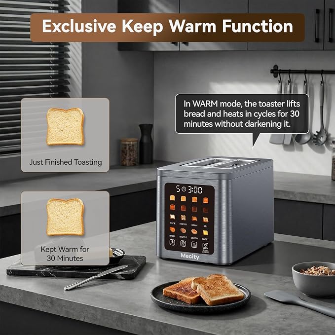 Mecity 2 Slice Smart Touchscreen Toaster, Stainless Steel Wide Slot Toasters with Auto Lift & 30-Minute Warm, Memory Function, Defrost & Auto Shutoff, Digital Electric Bread Toaster for Bagels
