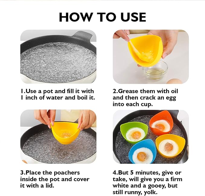 Silicone Egg Poacher Cups, 4 Pack with Stable Ring Base | Make Poached Eggs Easily on Stovetop, Microwave, Air Fryer or Oven, Easy Release, BPA-Free, Includes Oil Brush