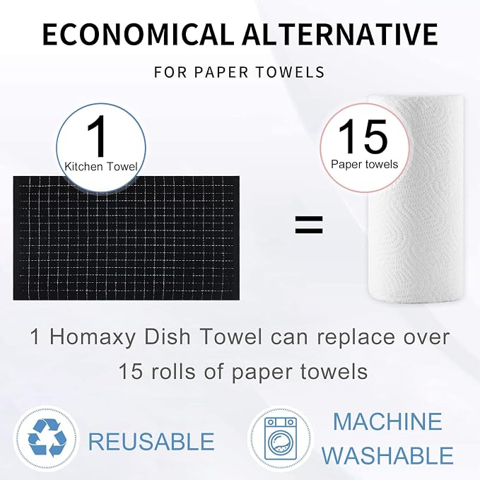 Homaxy 100% Cotton Terry Kitchen Towels, Large 6 Pack, Black | Ultra Soft and Absorbent Dish Towels for Kitchen, Suitable for Drying and Washing Dishes