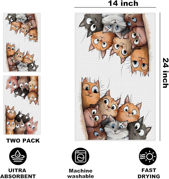 Jztco 2 Pcs Cute Cat Kitchen Towels, Cats Gifts Soft Absorbent Hand Towels | Cat Lover Gifts for Women Mom Dish Cloths for Drying Dishes, Waffle Dish Towels for Kitchen Home Bathroom Decor