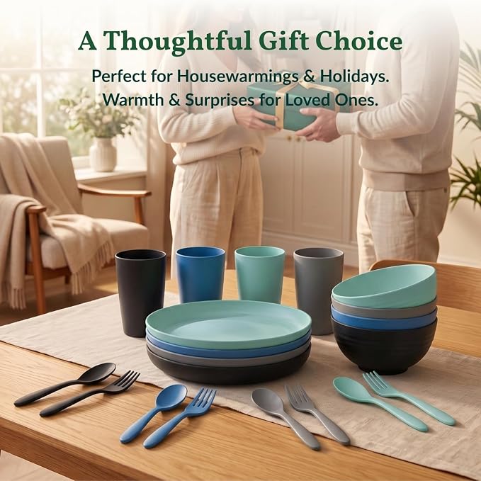 Unbreakable Plates and Bowls Sets 20 PCS Wheat Straw Dinnerware Sets Microwave & Dishwasher Safe Plate Set Kids Plastic Plates Camping Dish Set, Salad, Hamburger, Pizza-Nightscape