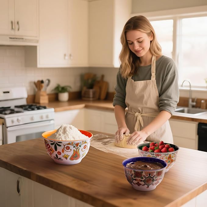 TP Melamine Mixing Bowl Set with Lids, Salad Bowl Set of 3, Aztec Bloom | Nesting Design,Break-resistant,Pasta & Salad Prep, Baking Prep, Space-saving Storage, Freezer Safe, Dishwasher Safe