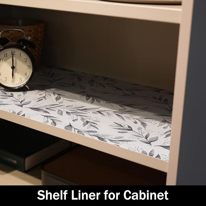 Shelf Liners Non Adhesive and Strong Non-Slip 16IN x 10FT | Shelf and Drawer Liners for Kitchen Cabinet Wire Fridge, Waterproof Shelf Drawer Liner,Easy to Clean,Gray Leaf