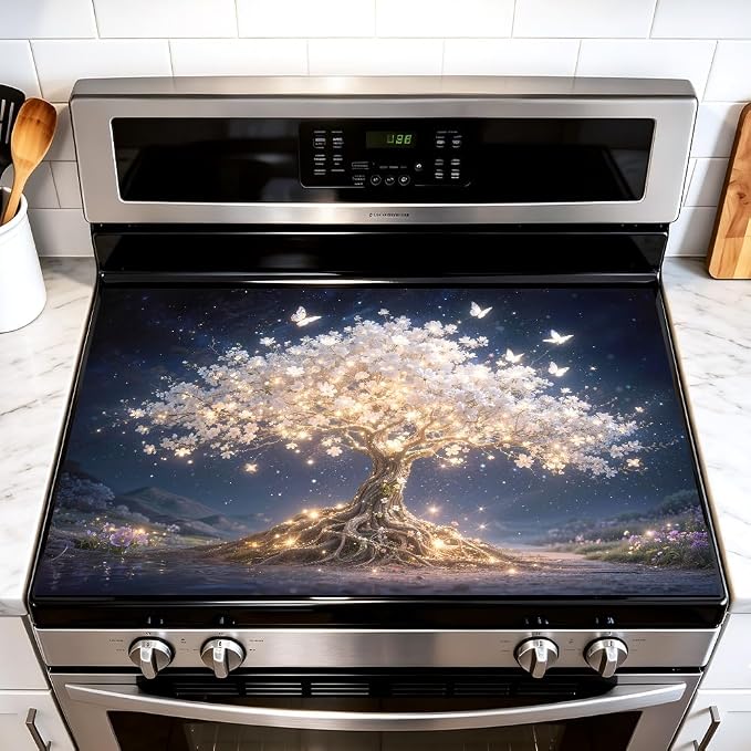 Tree of Life Stove Top Cover for Electric Stove, 28x20 In Mat | Heat-resistant non-slip mat holds hot cookware; glass cooktop protector, dish drying; magical floral butterfly kitchen decor