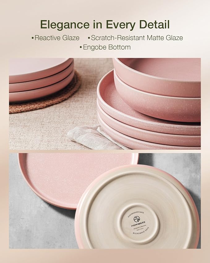 Famiware Milkyway 12-Piece Stoneware Dinnerware Set, Light Pink | Plates and Bowls for 4, Reactive Glaze Dish Set, Microwave & Dishwasher Safe, Chip & Scratch Resistant