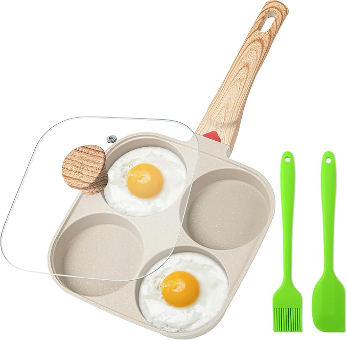 MyLifeUNIT Egg Pan, 4-Cup Egg Frying Pan with Lid, Nonstick Aluminium Alloy Egg Cooker for Breakfast, Pancake, Burger, Sandwiches, Suitable for Gas Stove & Induction Cookware (White)