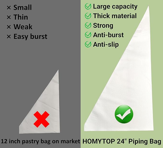 Extra Large Piping Bags 24 Inch,100 Pack Disposable Pastry Bag | Food-grade HDPE, 2L capacity, anti-burst film for thick froasting, textured grip, fits all tips and couplers