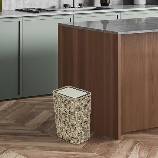 Trongee Boho Trash Can with Lid,3 Gallon Small Rattan Trash Can with Press Top Lid,Slim Wicker Waste Basket and Hamper 2 in 1 for Bathroom,Seagrass Woven Garbage Can Trash Basket for Bathroom,Kitchen