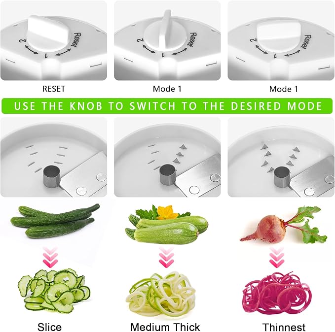 3 in 1 Vegetable Spiralizer Slicer, Adjustable Zucchini Carrot Noodle Maker, Cucumber Spiral Cutter, Easy to Use Kitchen Tool（White）