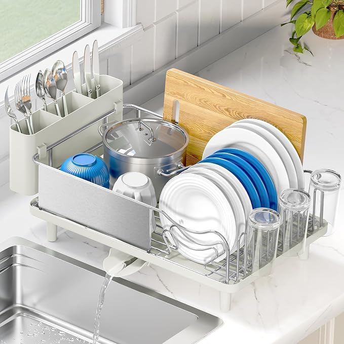 Urackify Dish Drying Rack, Stainless Steel Dish Rack with Auto Drain | Rustproof Dish Drainer with Cutlery Holder & Auto Drain, 16.9" L x 12.4" W Big Load for Plate Dish Sliverware, Light Geen