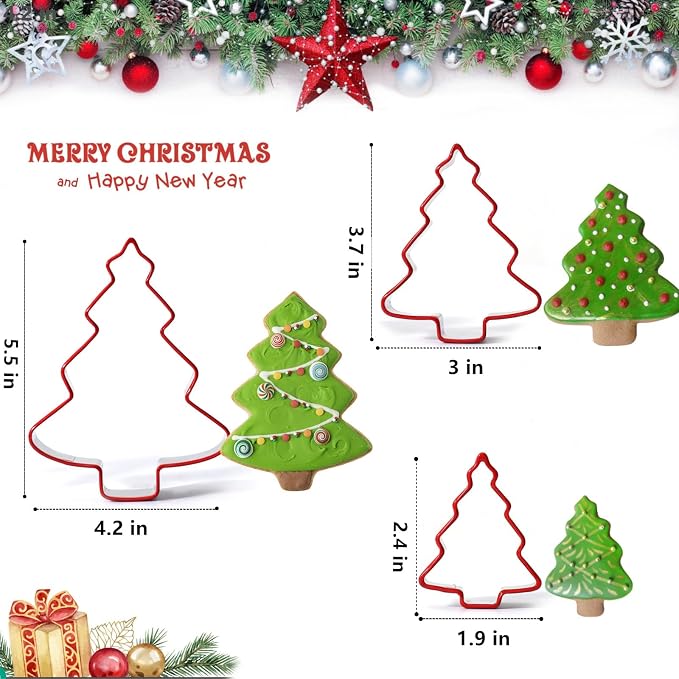 Christmas Tree Cookie Cutters 3PCS, Stainless Steel Christmas Cookie Cutter Tools with Red Environmental PVC, Christmas tree Shape Moulds Set for Baking