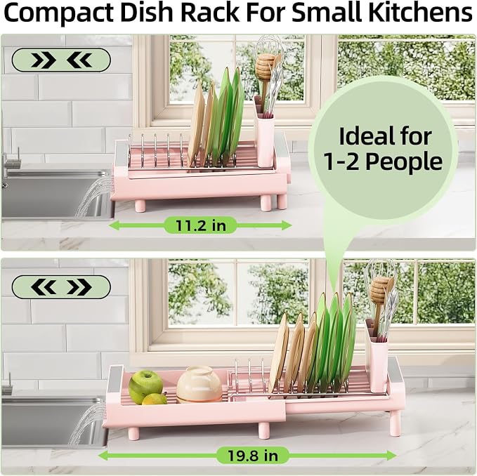 TOOLF Small Dish Drying Rack, Expandable and Space-Saving, Pink | Mini Dish racks for kitchen counter, Compact Design Fits Sink or Counter, Stainless Steel Plate Rack, 11"-19.3"L×7.7"W×3.54"H
